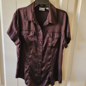 Chico's Brown Silk Short-Sleeved Collared Button-Front Top. Size 1. EEUC.